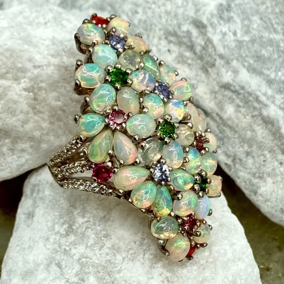 Premium Ethiopian Welo Opal & MultiGemstone 5.75 ctw Statement Ring Platinum/925 - Picture 5 of 17